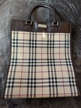 Burberry Vintage Beige and Brown Check Leather-Trim Tote COA